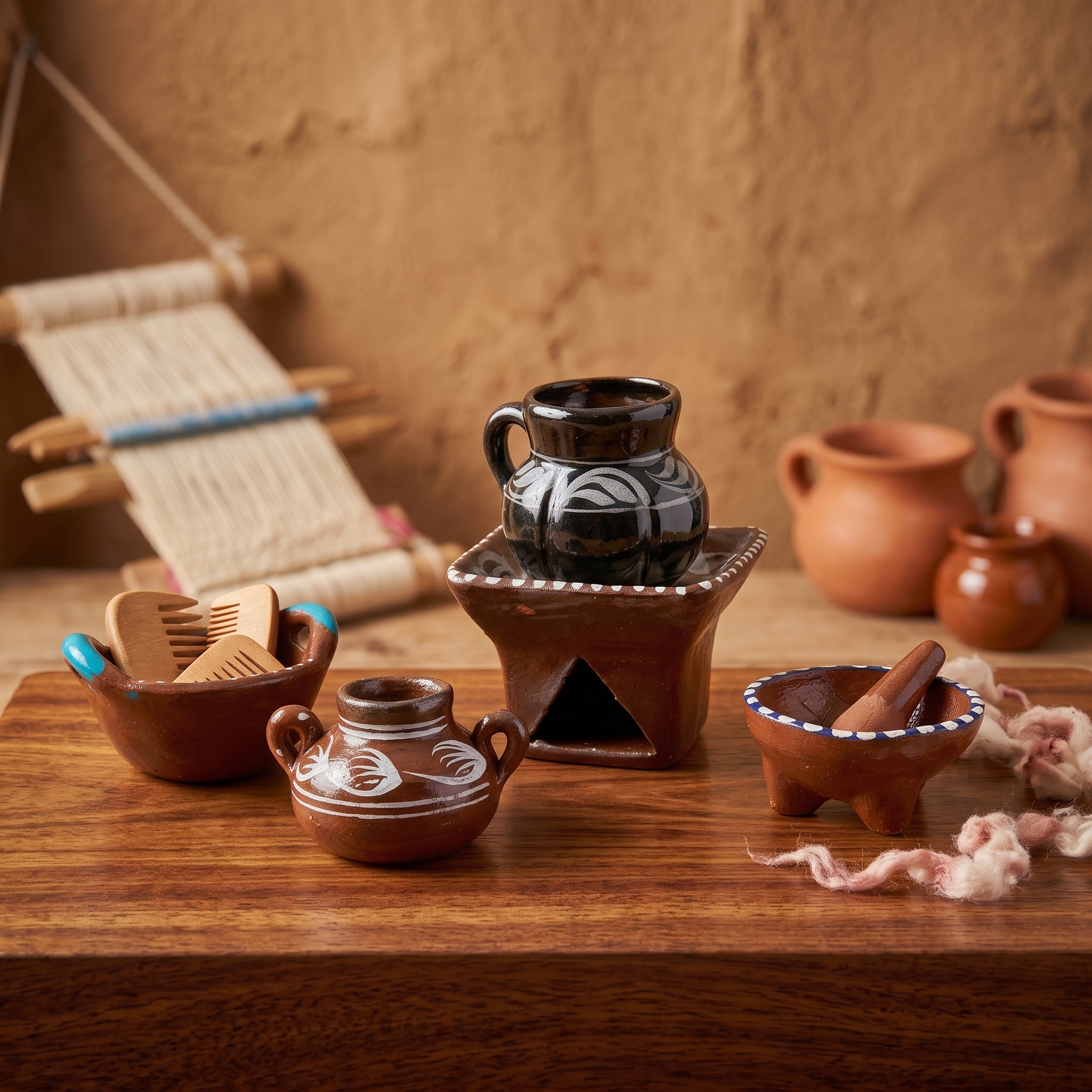 Juego de Trastes y Cazuelas de Barro Rojo Miniatura
